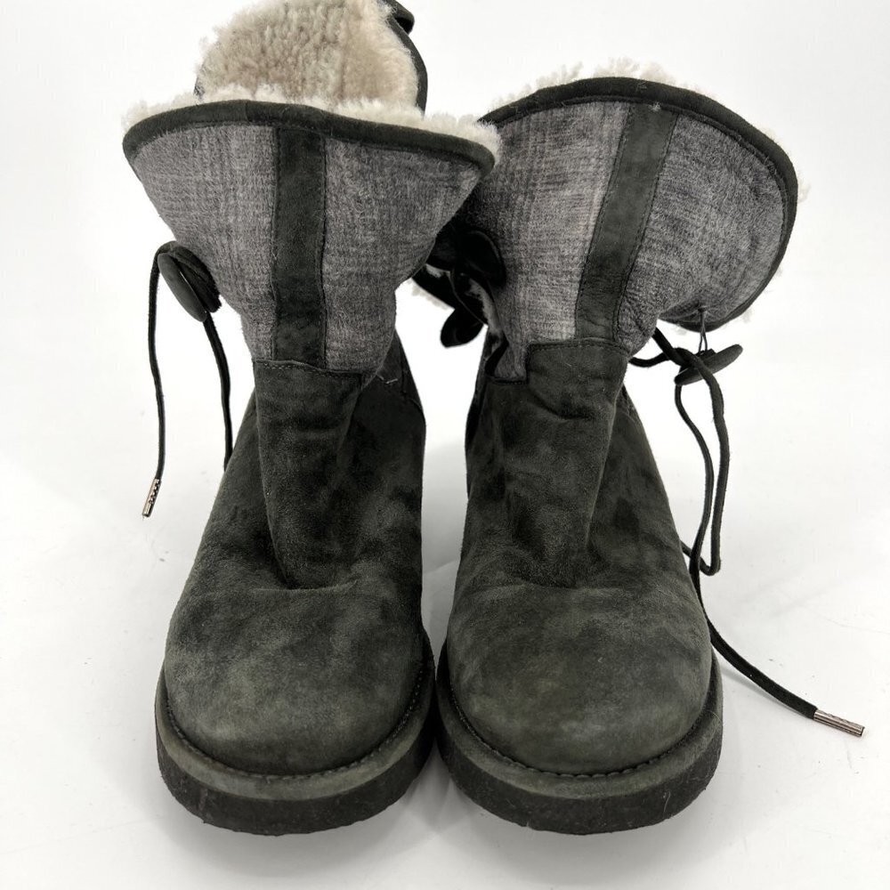 UGG Byanca Gray Suede Leather Sherpa Plaid Foldover‎ Button Boots Size 6 - Picture 4 of 10
